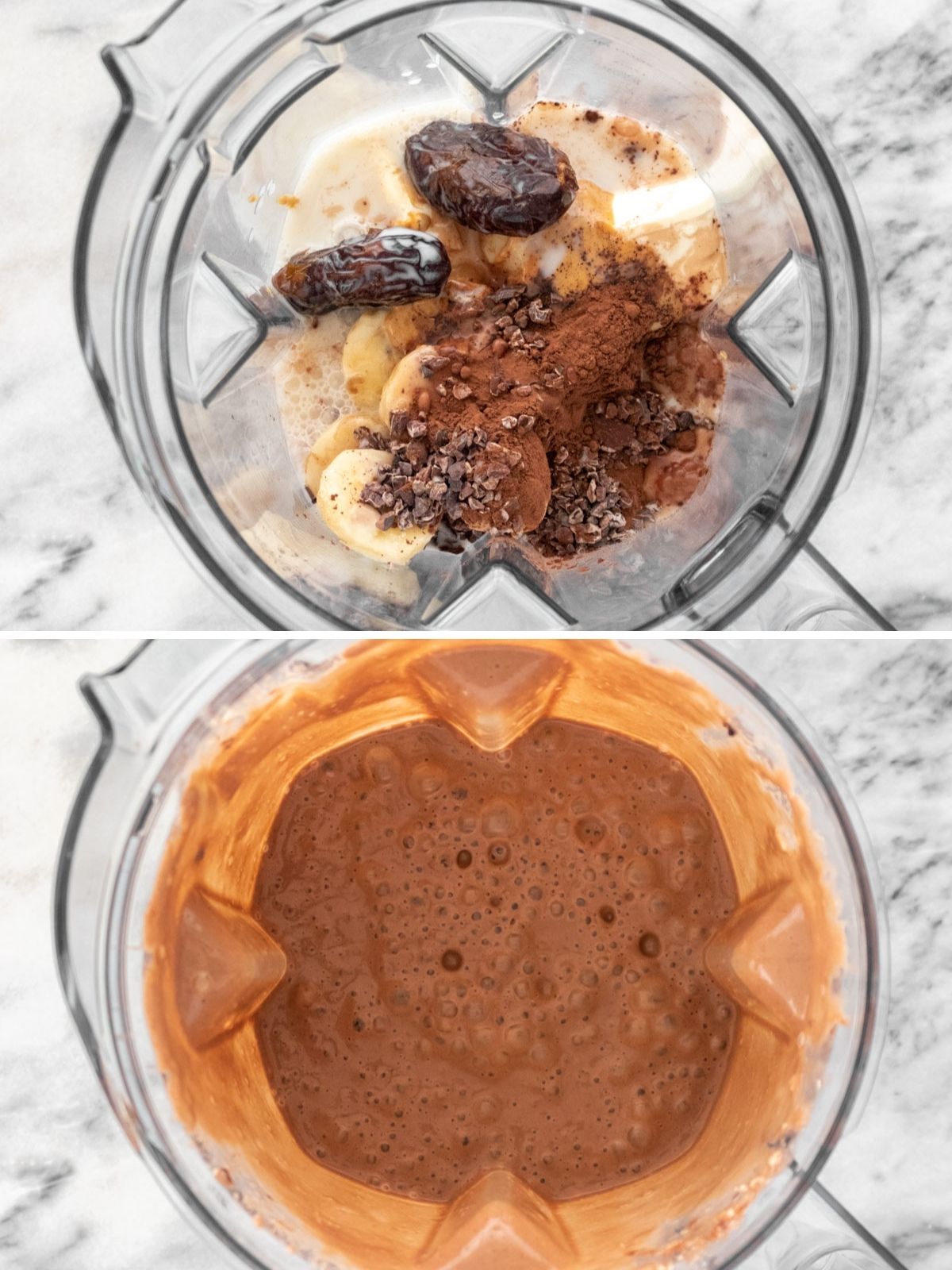 ingredientes para fazer smoothie de chocolate dentro do liquidificador para bater
