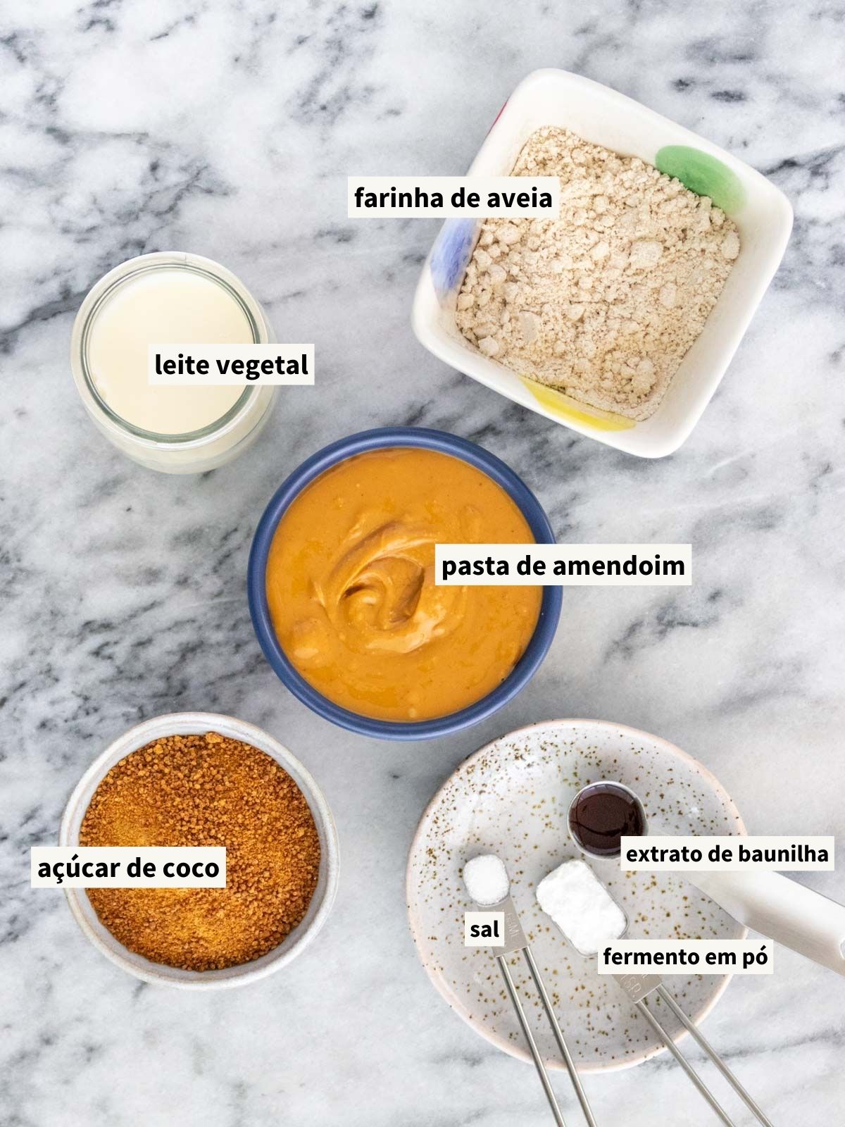 ingredientes para fazer cookie de pasta de amendoim, incluindo pasta de amendoim natural, farinha de aveia, leite vegetal, açúcar de coco, sal, extrato de baunilha e fermento químico em pó