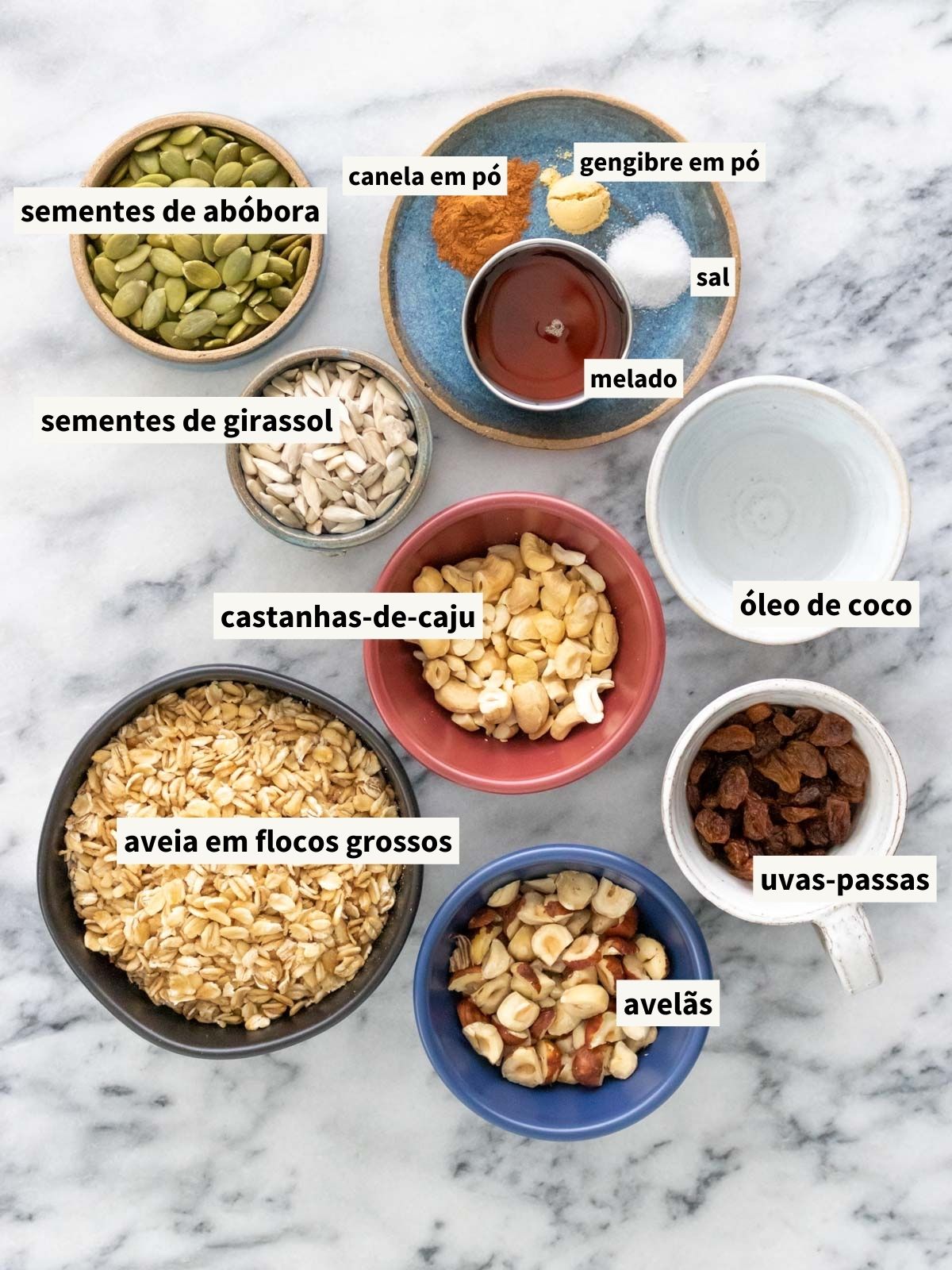 ingredientes para fazer granola caseira em uma mesa, incluindo aveia em flocos grossos, castanhas-de-caju, avelãs, sementes de girassol sem casca, sementes de abóbora sem casca, sal, canela em pó, gengibre em pó, óleo de coco derretido e adoçante líquido