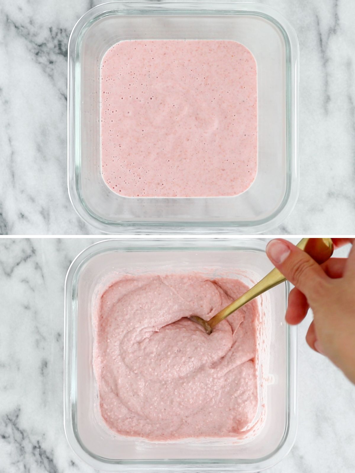 creme de aveia batido com morangos dentro de um pote de armazenamento, com uma colher dentro mostrando sua textura cremosa
