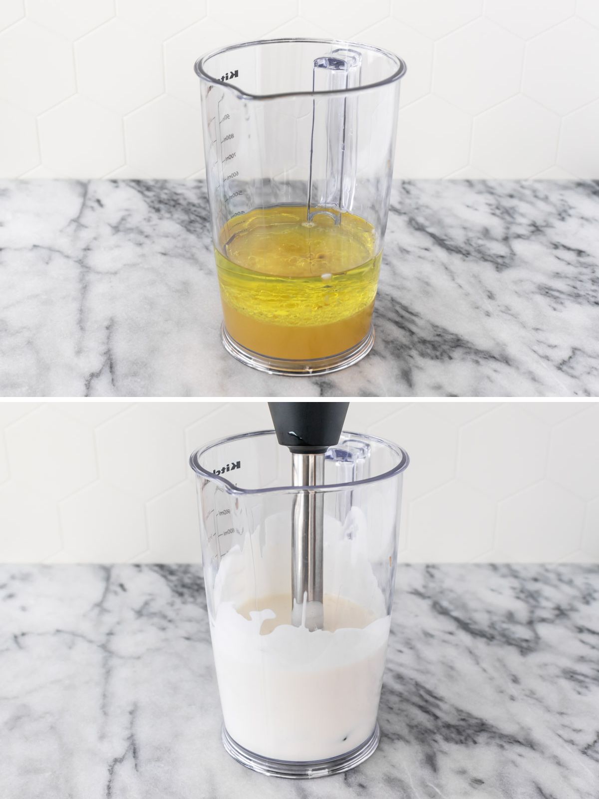 preparo da maionese vegana com um mixer de mão