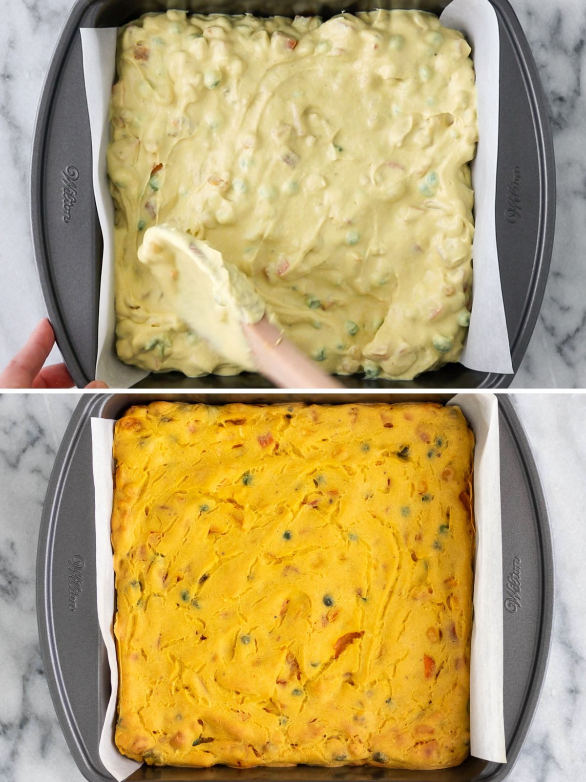 colagem de duas imagens: massa de torta de legumes distribuída na assadeira (acima), torta de legumes assada dentro da assadeira (abaixo)