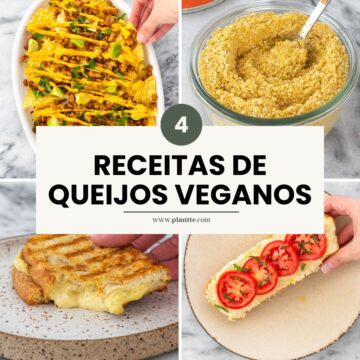 colagem com quatro imagens de receitas de queijos vegetais, incluindo queijo de batata-doce laranja para nachos, queijo parmesão de castanhas, queijo de castanha-de-caju e ricota de tofu vegana