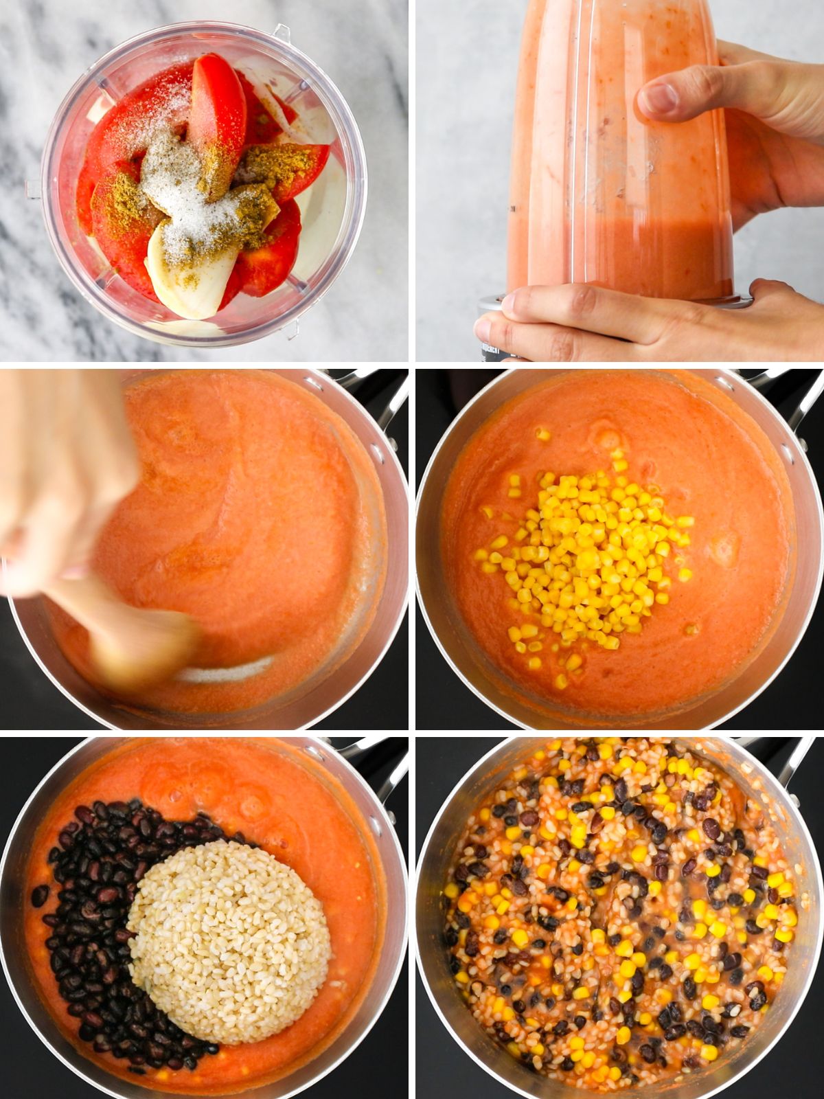 ingredientes sendo misturados para fazer prato de arroz com feijão ao molho de tomate