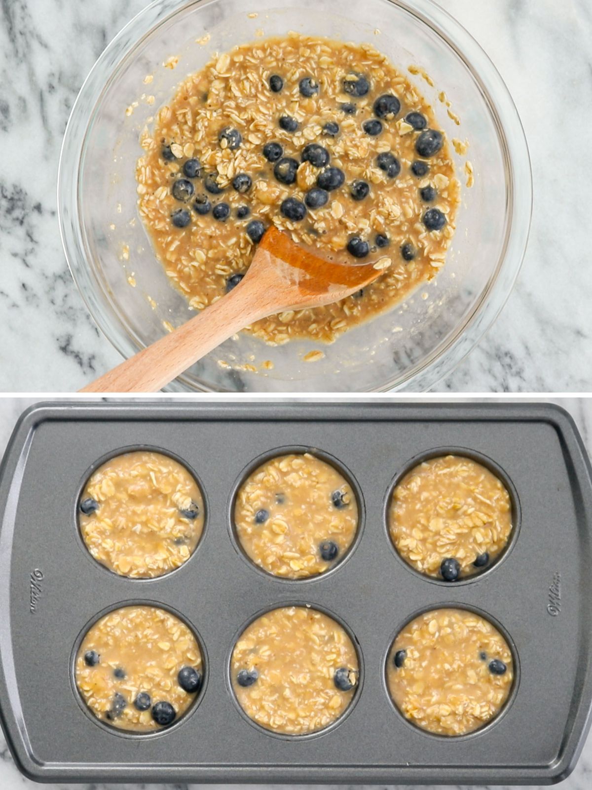 massa de bolinho de mingau de aveia com mirtilos distribuída em forma de muffin