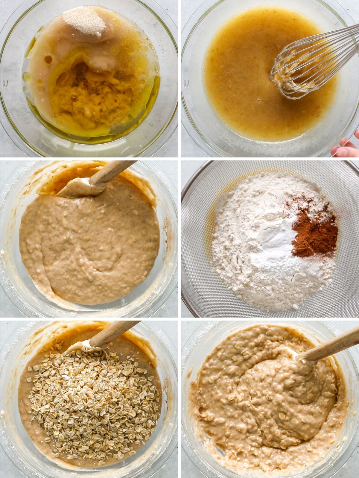 ingredientes sendo misturados em uma vasilha para fazer bolo de banana com aveia