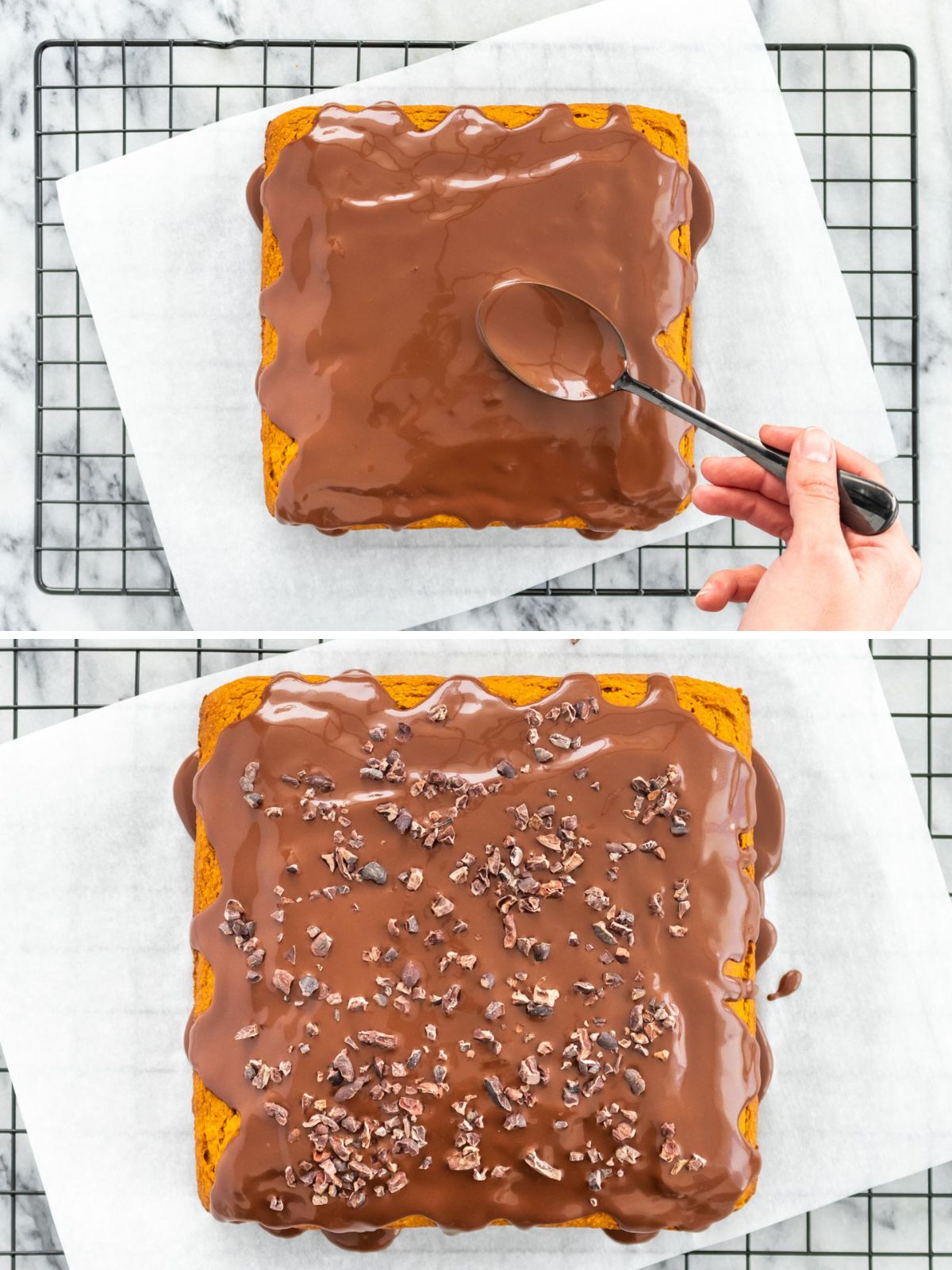 cobertura de chocolate derretido sendo espalhada por cima de bolo de cenoura sem glúten, com nibs de cacau polvilhados por cima