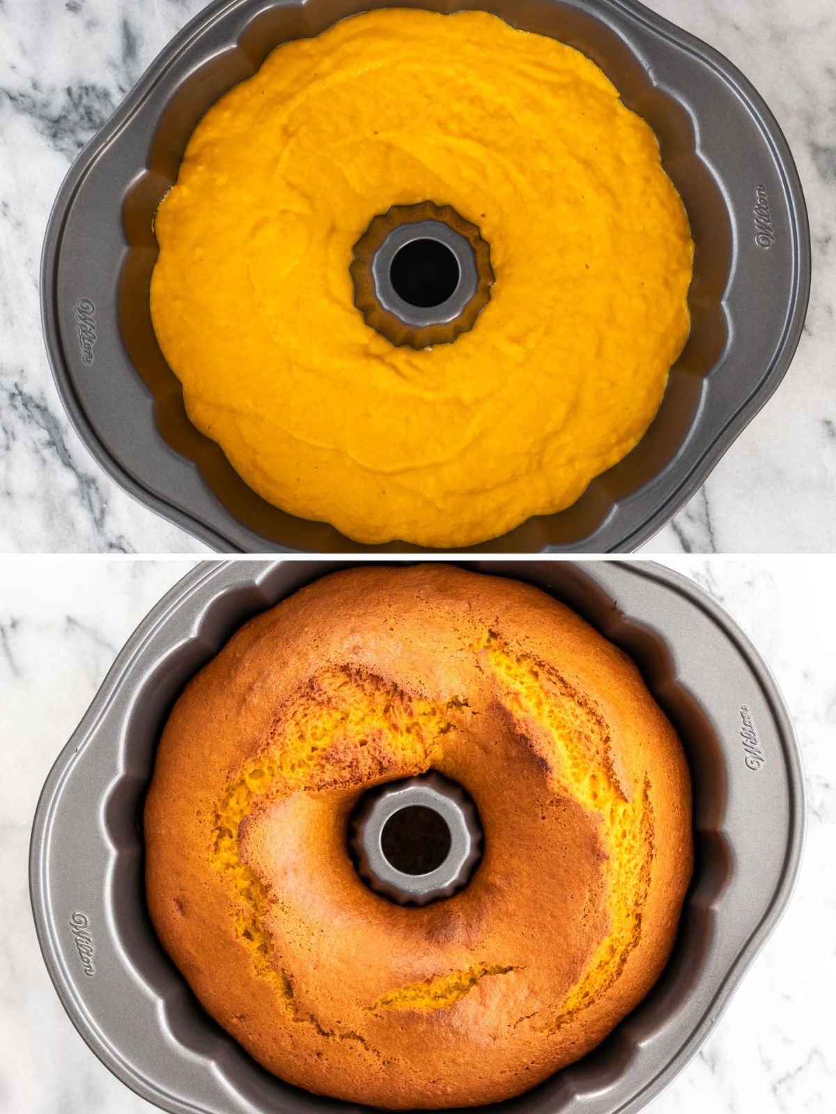duas imagens: massa de bolo de cenoura crua em forma redonda com furo no meio (acima), bolo de cenoura vegano assado, ainda dentro da forma (abaixo)