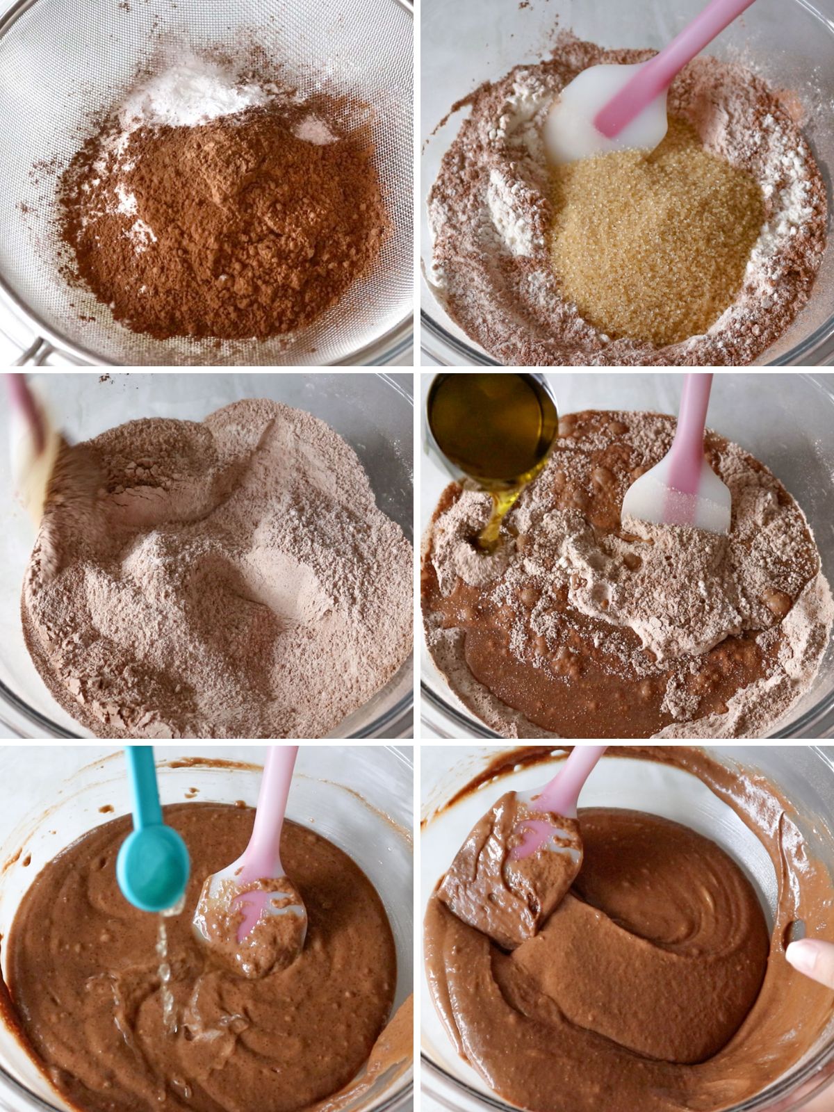 ingredientes sendo misturados para fazer bolo de chocolate vegano