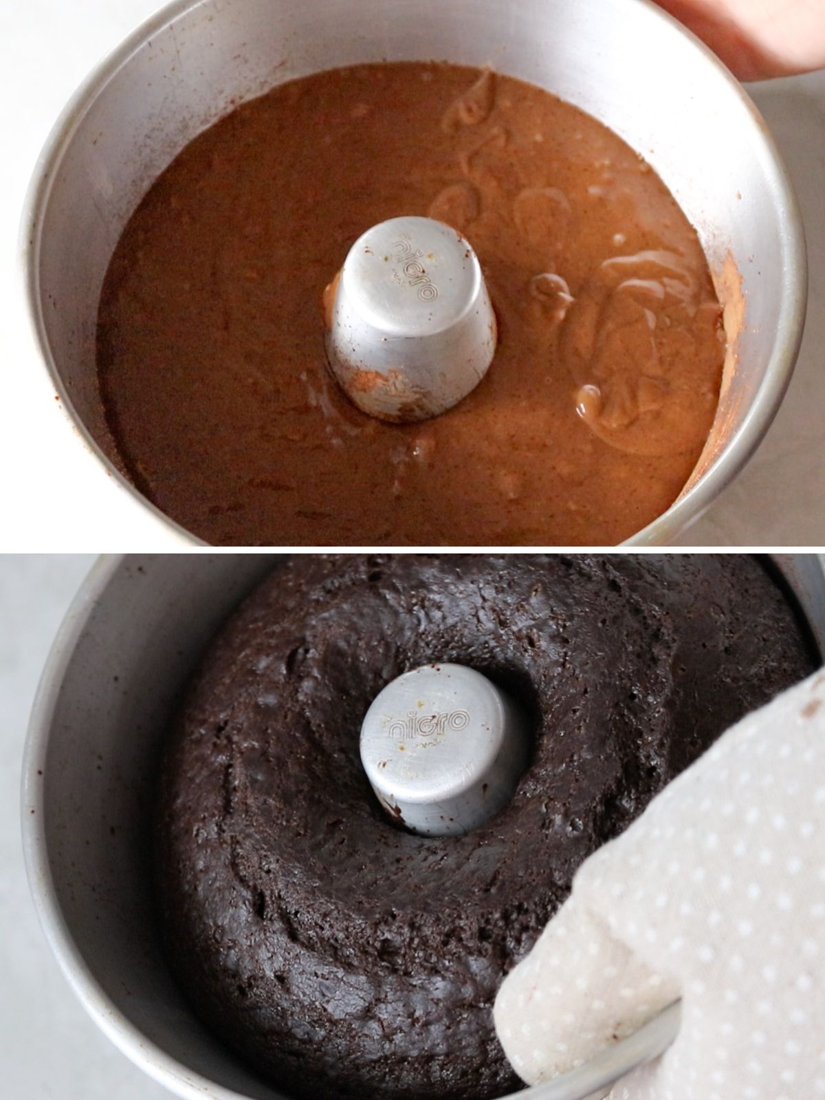 massa de bolo de chocolate vegano em forma redonda com furo no meio antes e depois de assar