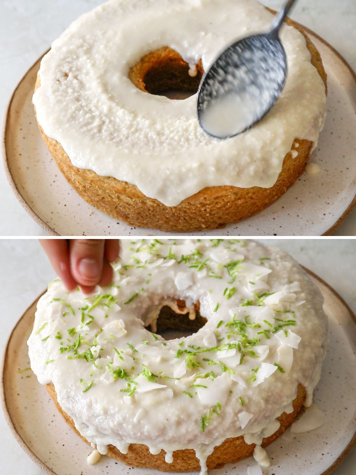bolo de coco e limão sendo decorado com cobertura de manteiga de coco integral, coco em fitas e raspas de limão Tahiti