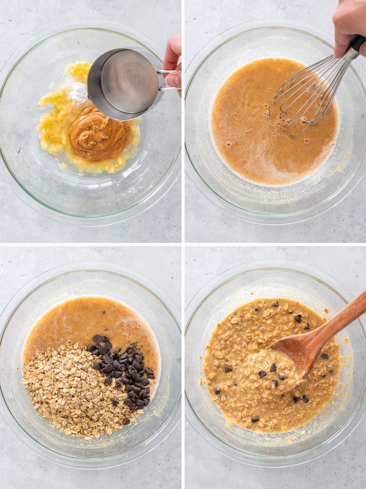 ingredientes do muffin de banana com aveia misturados em uma vasilha para fazer a massa