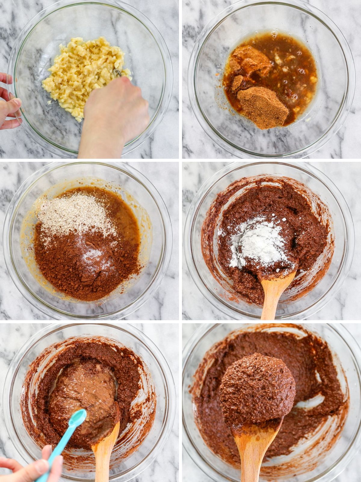 ingredientes sendo misturados em uma vasilha para fazer muffins de chocolate com banana e pasta de amendoim