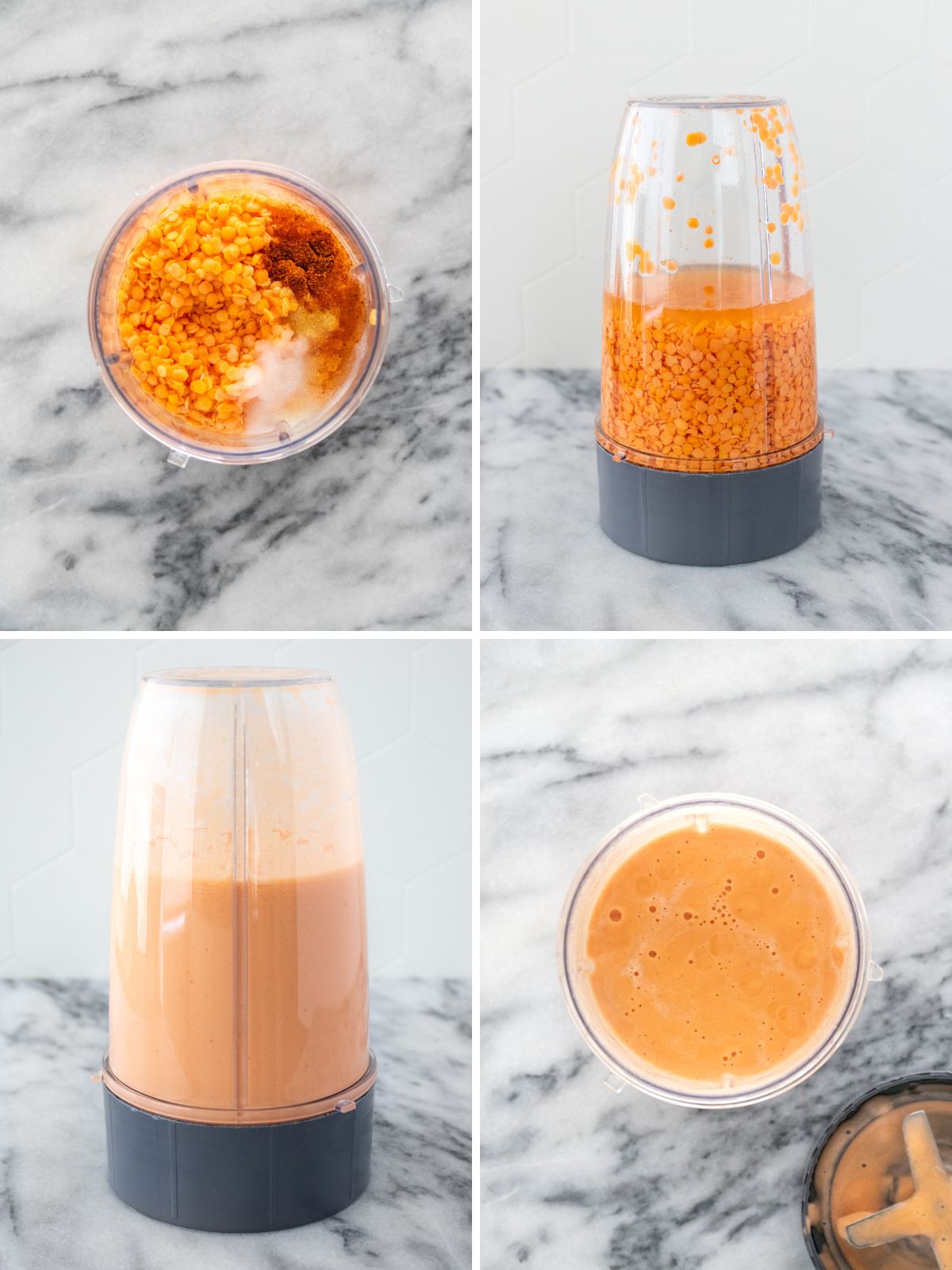 ingredientes para panqueca de lentilha vermelha sendo batidos no liquidificador