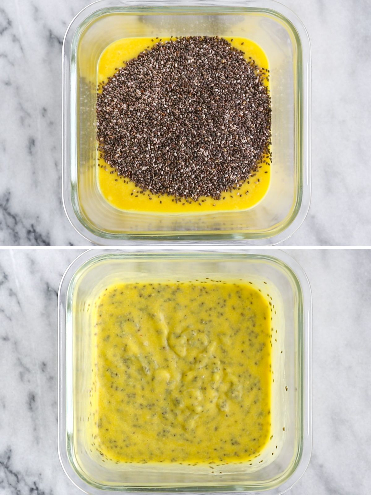 sementes de chia sendo misturadas em pote com creme de leite de coco e manga batido