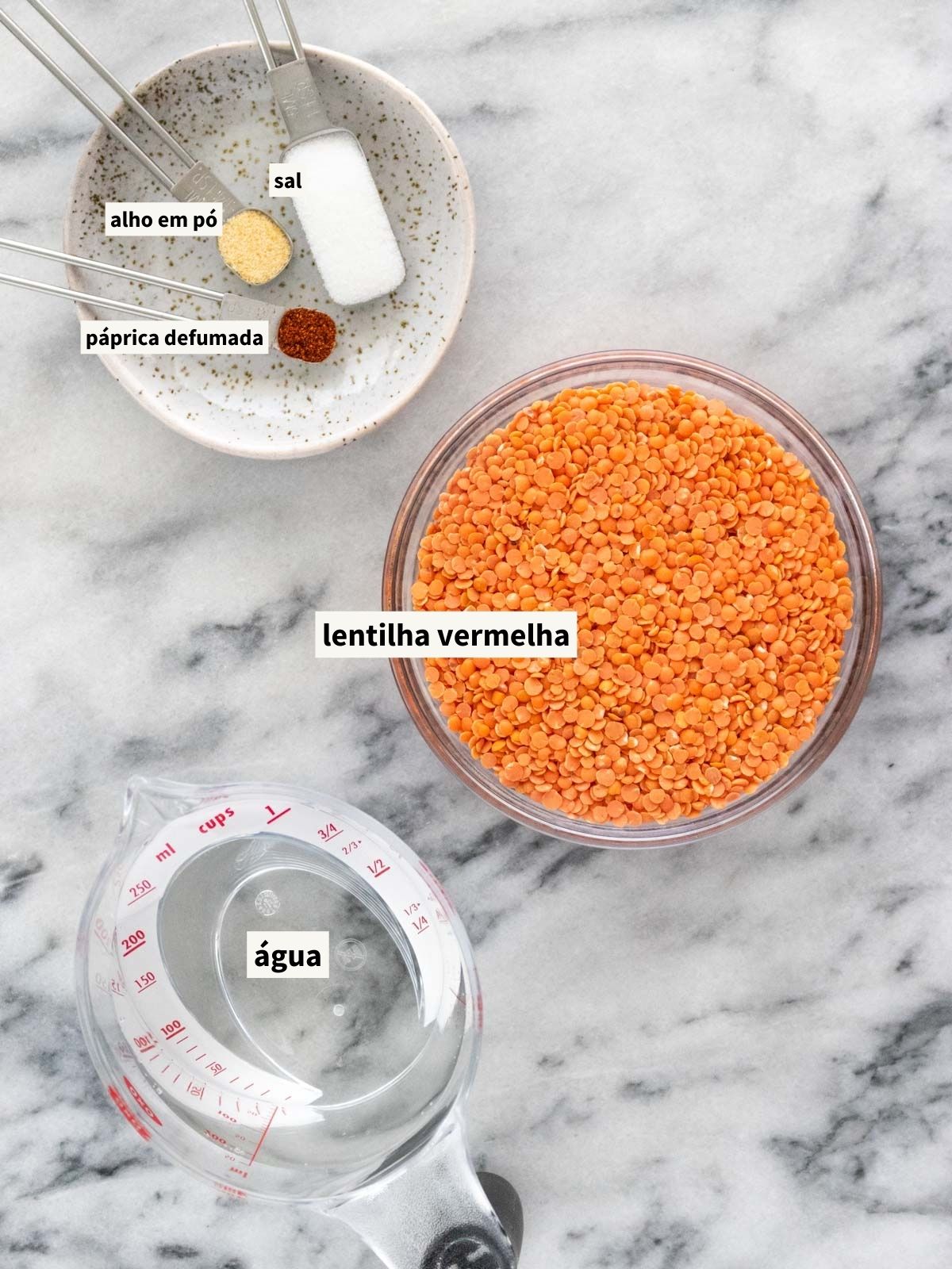 ingredientes para fazer panqueca de lentilha, incluindo lentilha vermelha, água filtrada, sal, alho em pó e páprica defumada