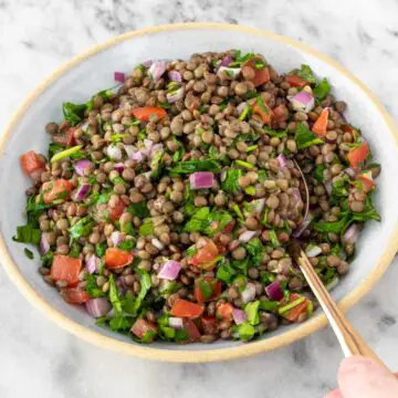 salada de lentilha simples, com tomate, cebola-roxa e ervas frescas, servida em um prato