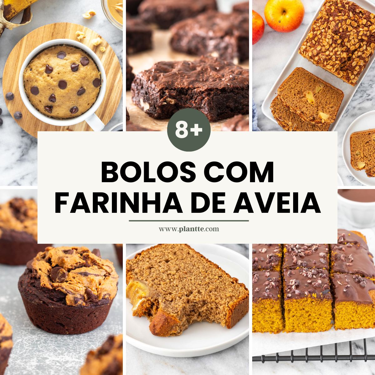 colagem com seis imagens de bolos com farinha de aveia, incluindo bolo de banana, bolo de maçã com aveia, bolo de cenoura, bolo de banana de caneca com gotas de chocolate, muffins de chocolate com banana e pasta de amendoim e brownie de batata-doce