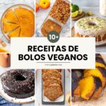 colagem com seis imagens de bolos veganos, incluindo bolo de laranja, bolo de maçã com aveia, bolo de limão com coco, bolo de chocolate, bolo de banana com aveia e bolo de cenoura