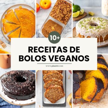 colagem com seis imagens de bolos veganos, incluindo bolo de laranja, bolo de maçã com aveia, bolo de limão com coco, bolo de chocolate, bolo de banana com aveia e bolo de cenoura