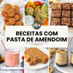 colagem com seis imagens de receitas com pasta de amendoim, incluindo cookie de pasta de amendoim, bolinhos de grão-de-bico e amendoim, brownie de batata e pasta de amendoim, vitamina de morango com banana, bolo de banana sem glúten e overnight oats de banana com pasta de amendoim