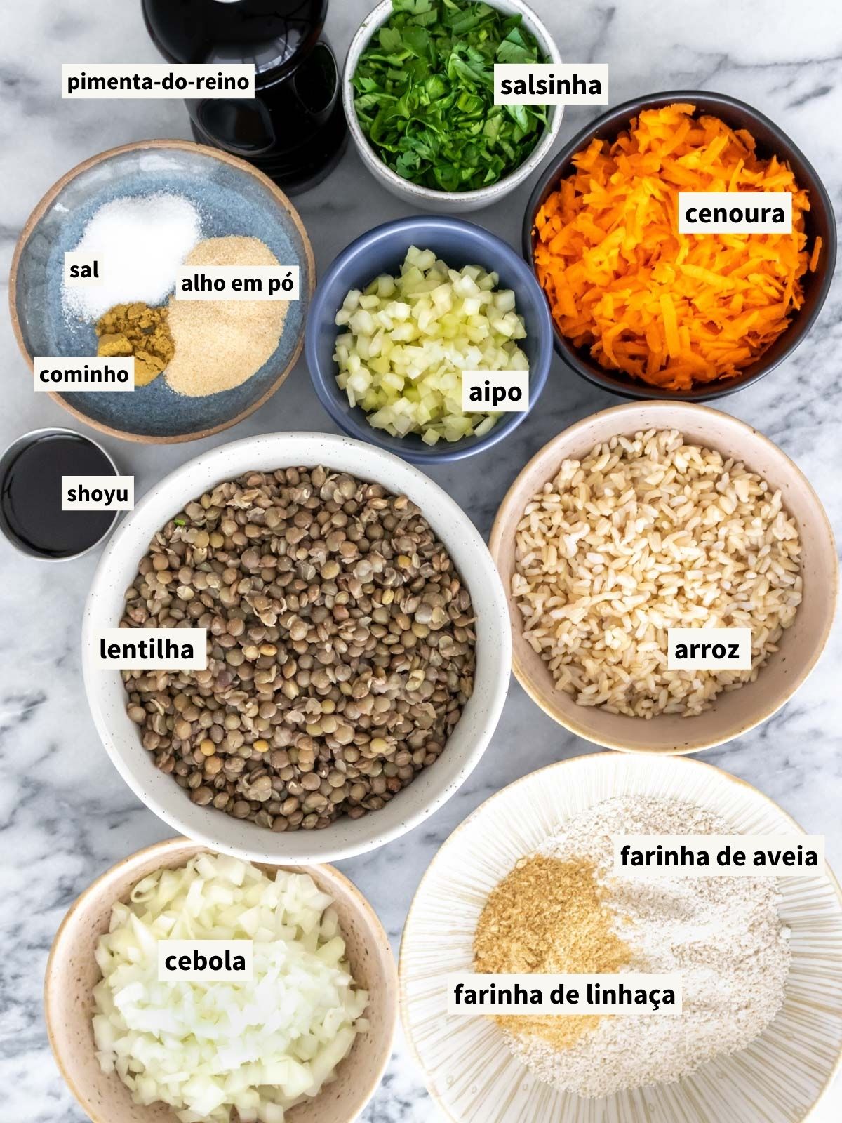 ingredientes para fazer hambúrguer de lentilha vegano, incluindo lentilha cozida, shoyu, cebola, talo de aipo (salsão), cenoura, arroz cozido, alho em pó, cominho em pó, sal, farinha de aveia, farinha de linhaça, salsinha fresca e pimenta-do-reino moída