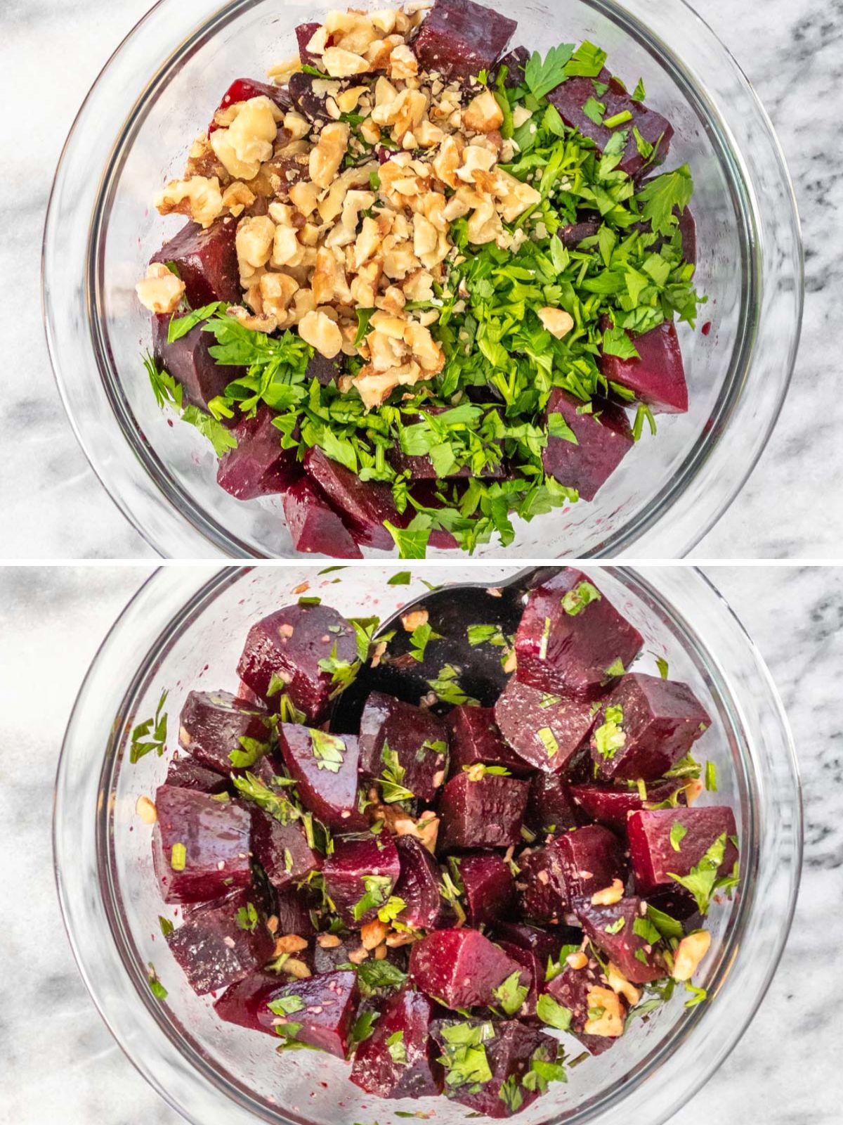 ingredientes da salada de beterraba cozida com molho de limão, salsinha e nozes picadas sendo misturados em uma tigela